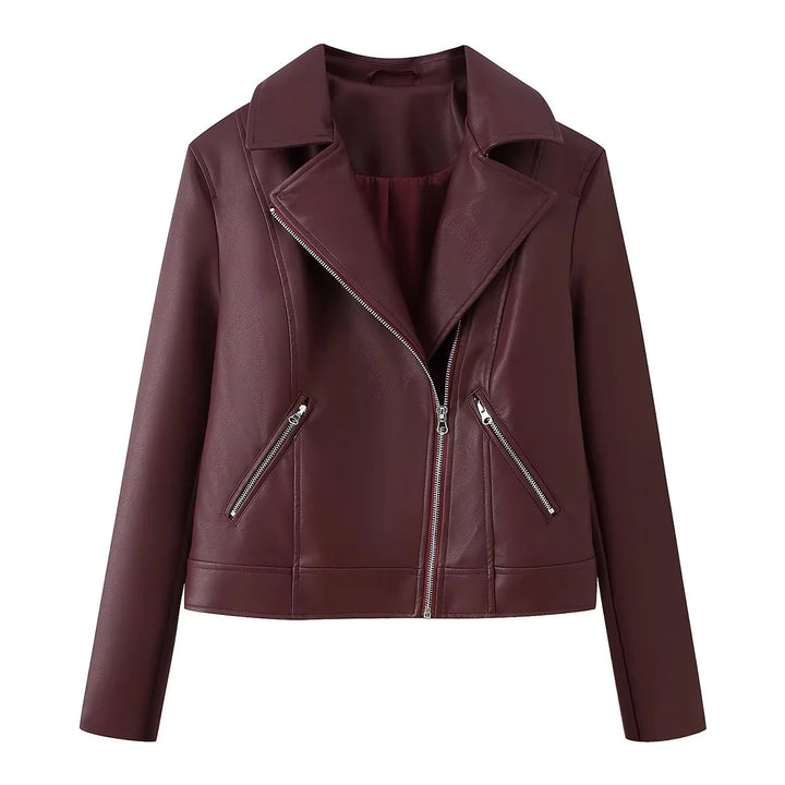 Damen taillierte Bikerjacke aus veganem Lederimitat mit asymmetrischem Reißverschluss – Célinea