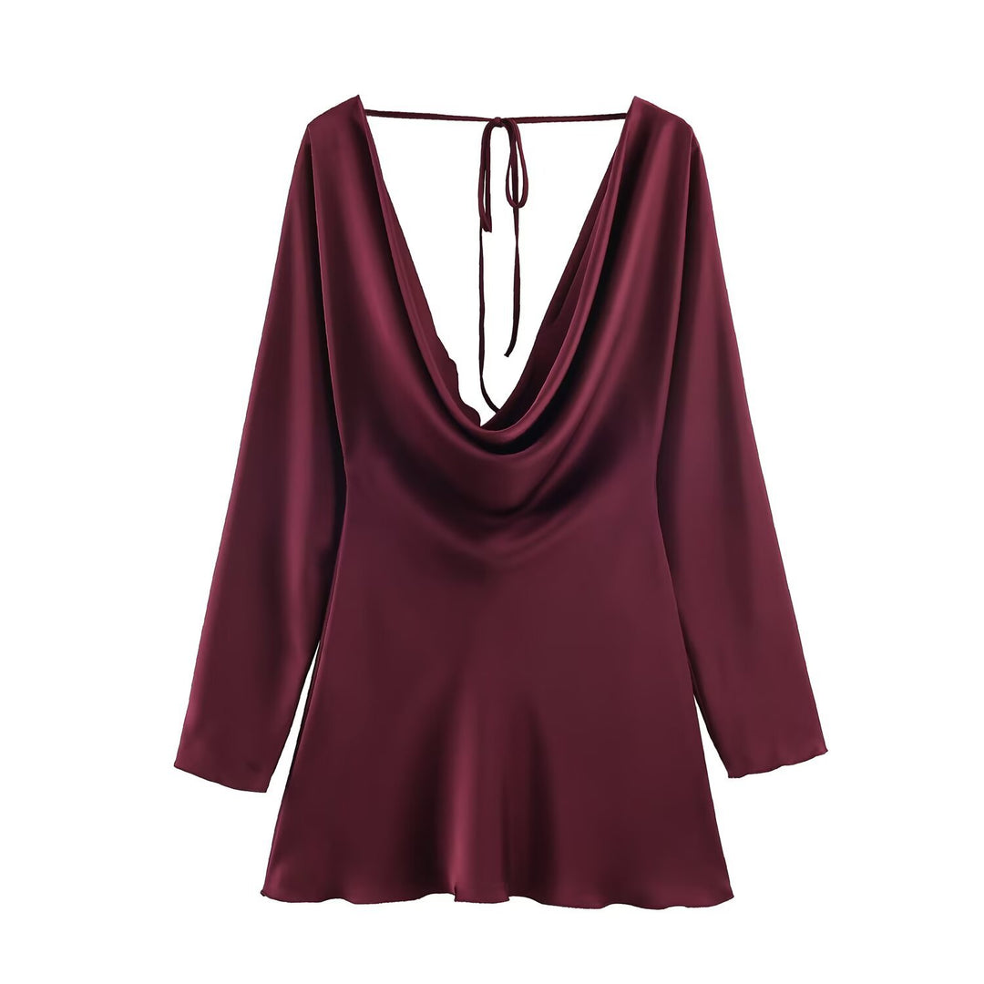 Damen Kurzes Satin-Minikleid mit tiefem Wasserfall‑Rücken, V‑Ausschnitt vorne und langen Ärmeln Echoarchiv