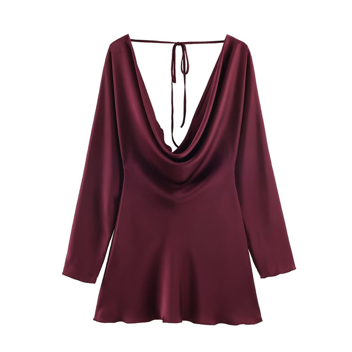 Damen Kurzes Satin-Minikleid mit tiefem Wasserfall‑Rücken, V‑Ausschnitt vorne und langen Ärmeln Echoarchiv
