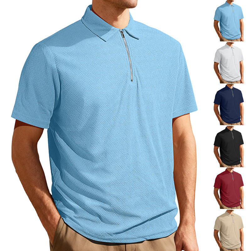 Herren nan schmal geschnittenes Halbzip-Polo mit feiner Fischgrät-Jacquardstruktur Echo Archiv