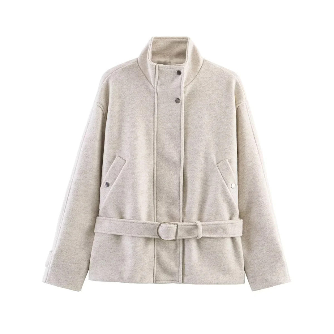 Damen taillierte Kurzjacke im Wollmix mit Stehkragen, Druckknopfleiste und Bindegürtel – Célinea
