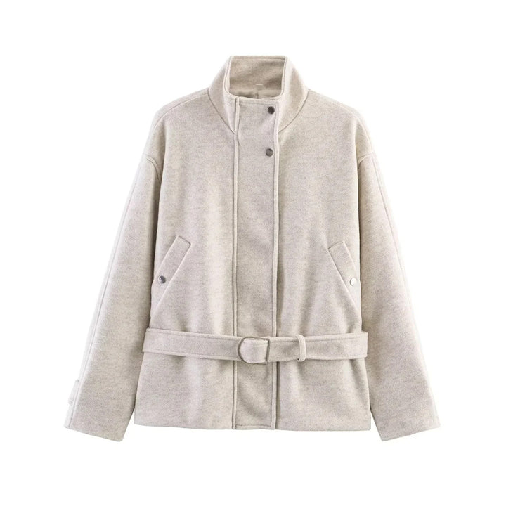 Damen taillierte Kurzjacke im Wollmix mit Stehkragen, Druckknopfleiste und Bindegürtel – Célinea