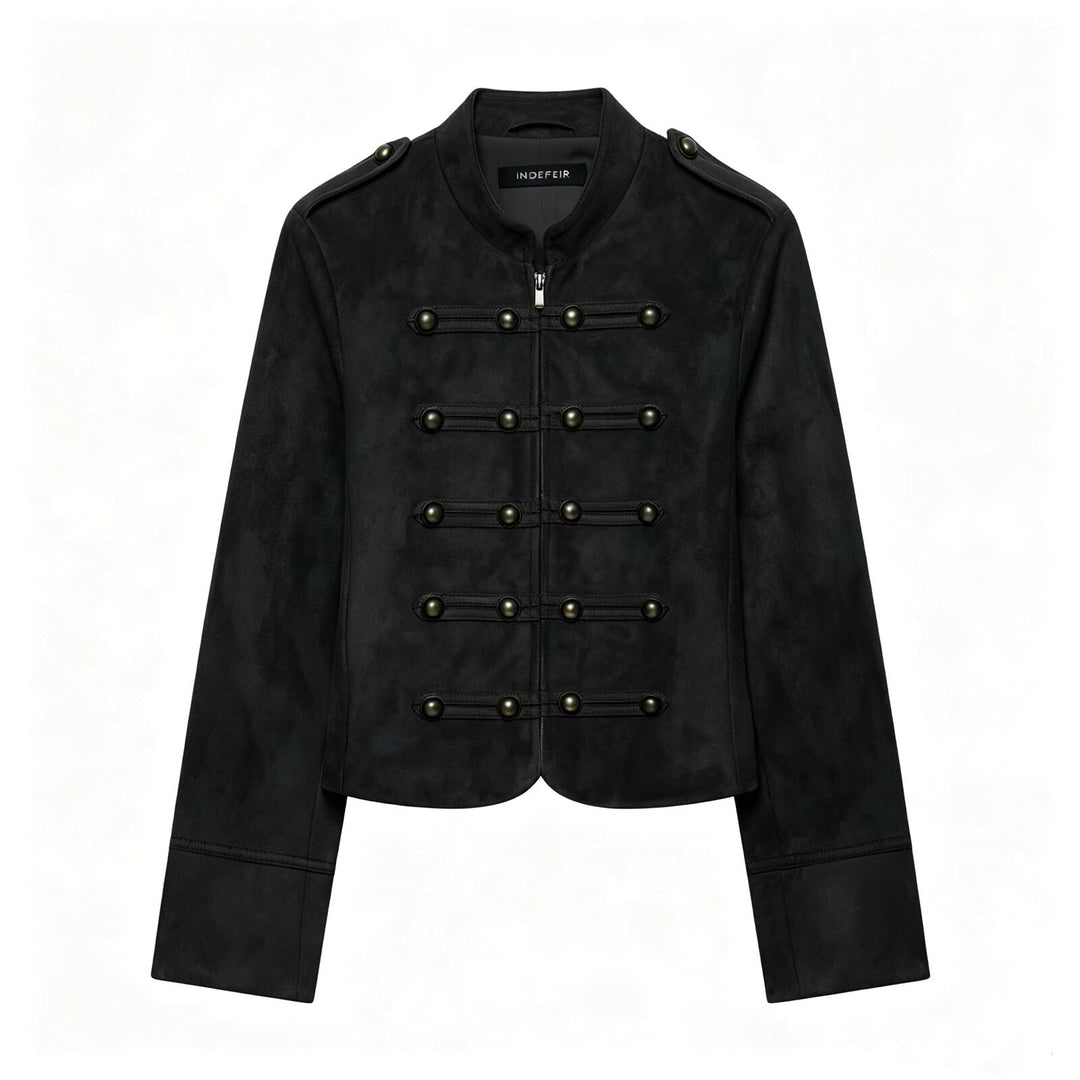 Damen Kurzjacke im Militärstil aus Veloursimitat mit Stehkragen, Epauletten und dekorativer Zierknopfleiste Echoarchiv