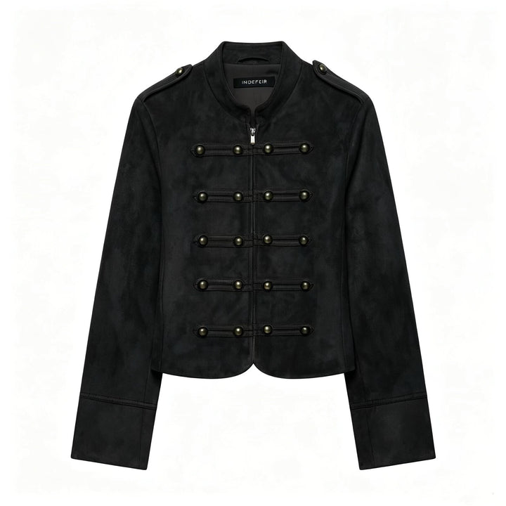 Damen Kurzjacke im Militärstil aus Veloursimitat mit Stehkragen, Epauletten und dekorativer Zierknopfleiste Echoarchiv