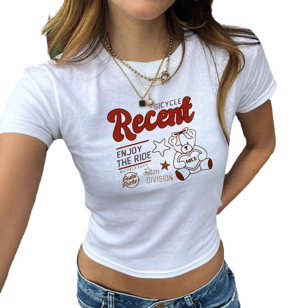 Damen figurbetontes T-Shirt mit Vintage-Teddymotiv und urbanem Schriftzug Echo Archiv
