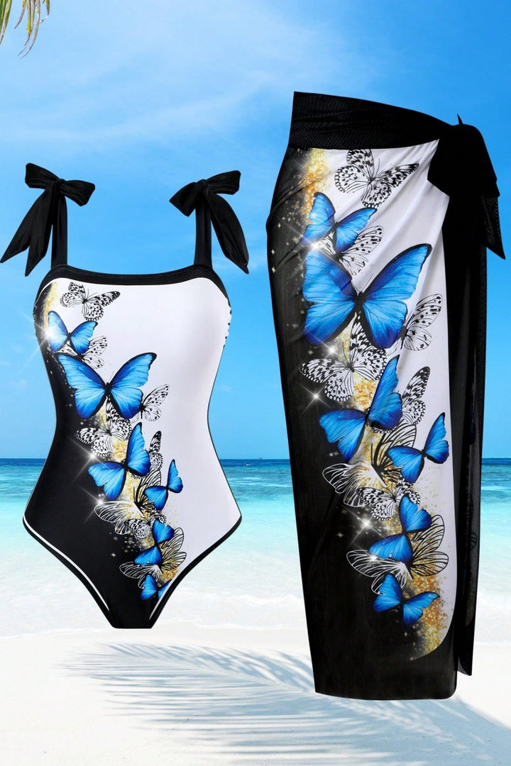 Damen Einteiler Badeanzug mit schickem Wickelrock und Butterfly-Motiv Echo Archiv