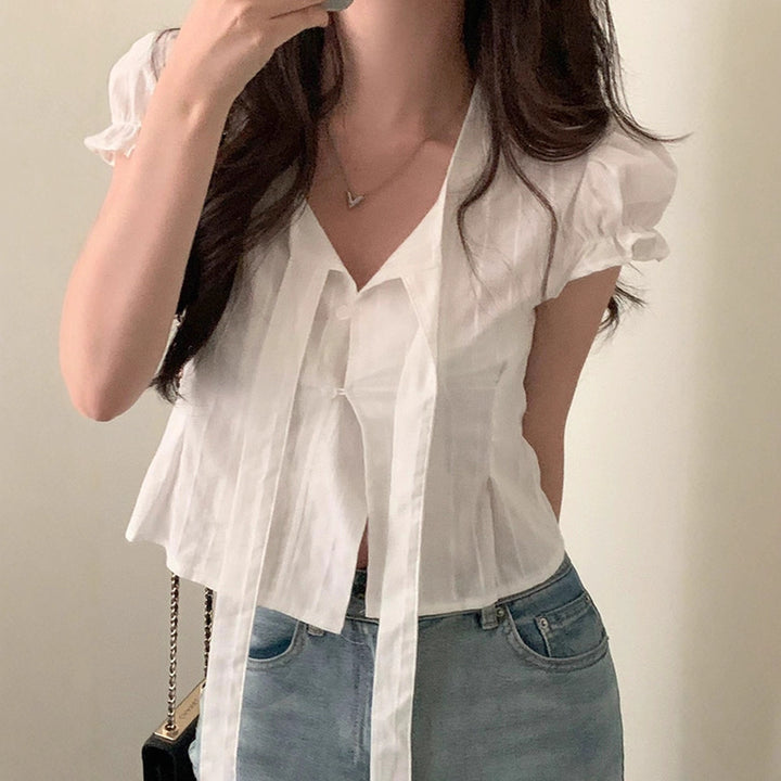 Damen kurzarm bluse mit dekorativen bindebändern Echo Archiv