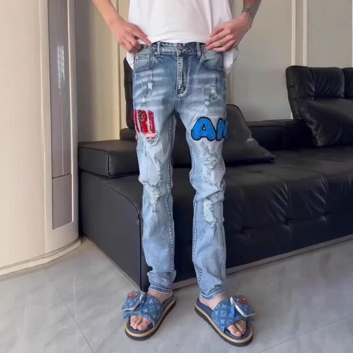 Herren Modische Jeans mit Aufnähern und Distressed-Effekten Echo Archiv