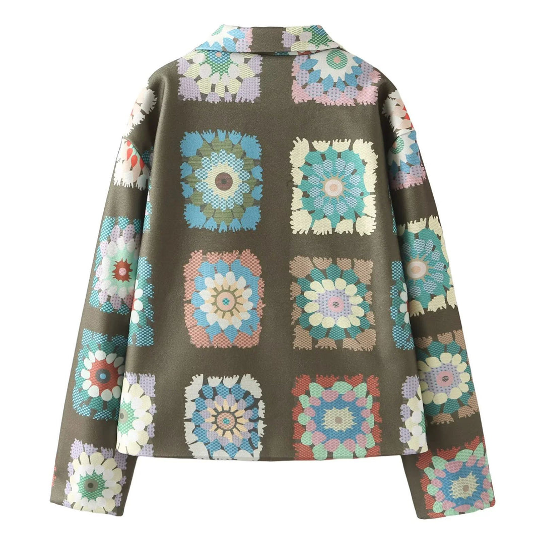 Damen nan gemusterte kurze Boxy-Jacke mit floralen Patchwork-Quadraten Echo Archiv