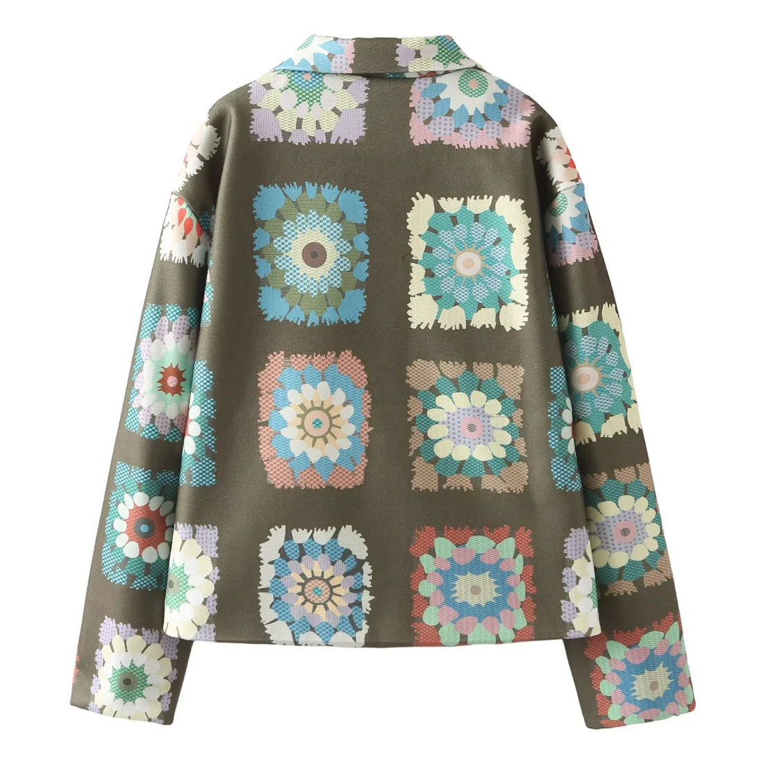 Damen gemusterte kurze Boxy-Jacke mit floralen Patchwork-Quadraten – Célinea