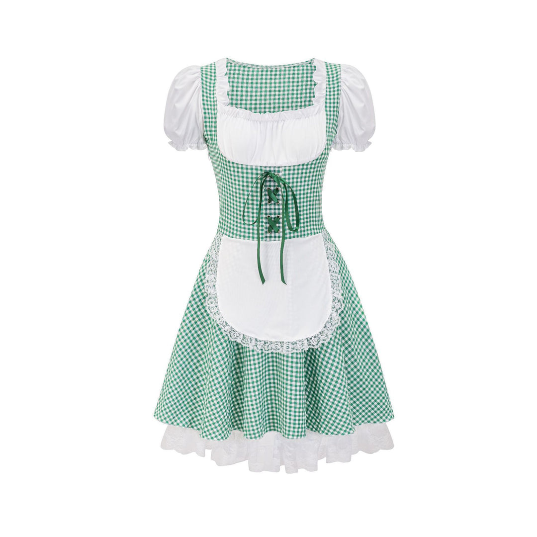 Damen nan kurztailliertes Trachtenkleid mit Karo-Corsage, geraffter Brust und Spitzen-Schürze Echo Archiv