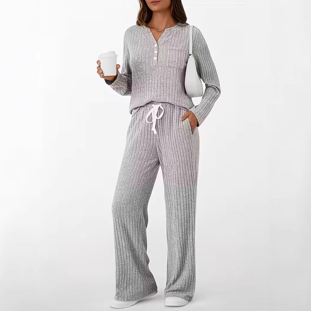 Damen Geripptes Entspannungs-Set mit Henley-Oberteil und weiter Kordelhose Echo Archiv