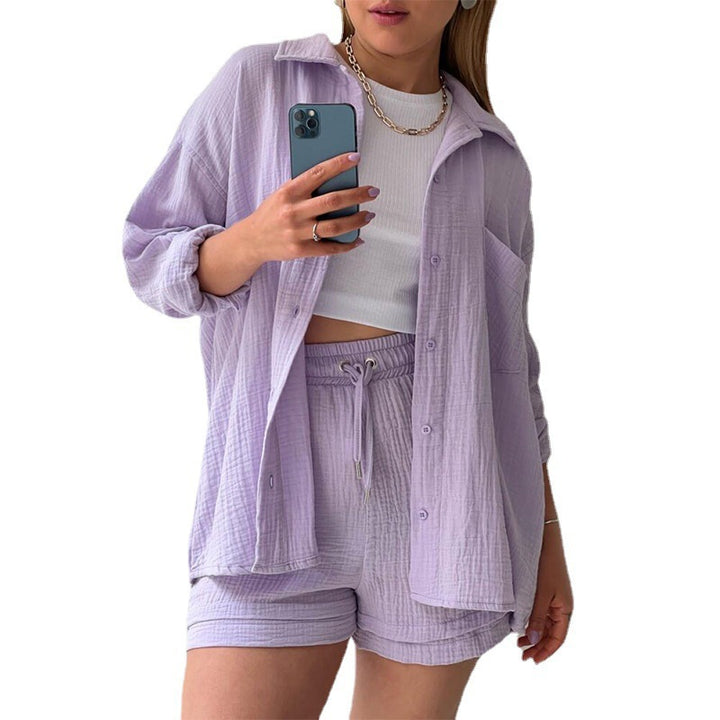 Damen nan lässiges oversized Hemd und Shorts Set mit Brusttasche Kordelbund und gerauter Baumwollstruktur Echo Archiv