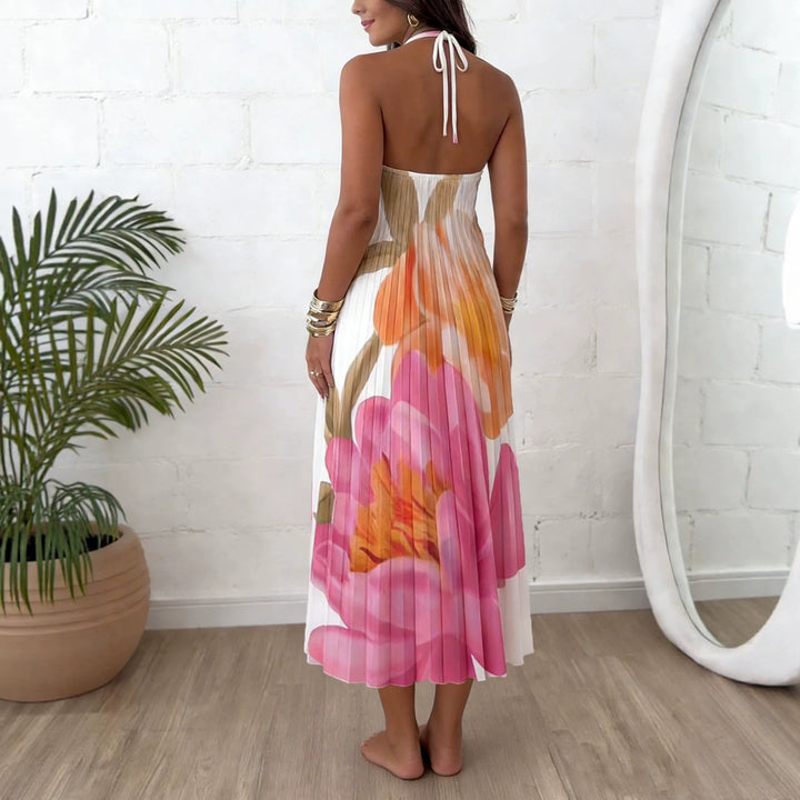 Damen Plissiertes Neckholder-Midikleid mit großem Blumenprint und Zierring – Avérine