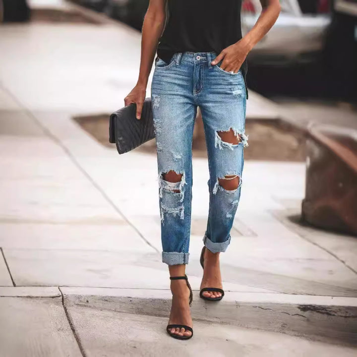 Damen Destroyed Boyfriend Jeans im lässigen Stil mit hohen Rissdetails Echo Archiv