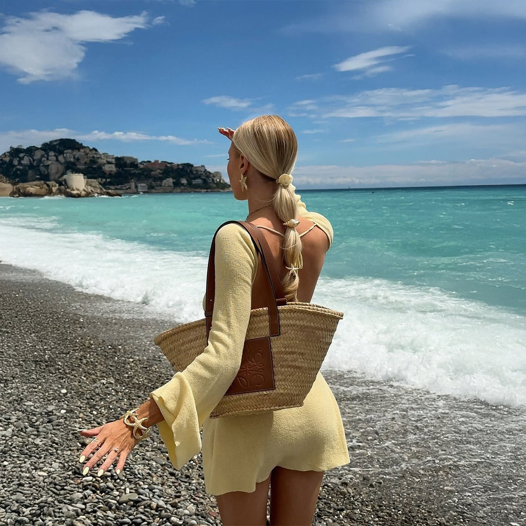 Damen Elegante Strandtasche aus geflochtenem Naturmaterial mit Lederdetails Echo Archiv