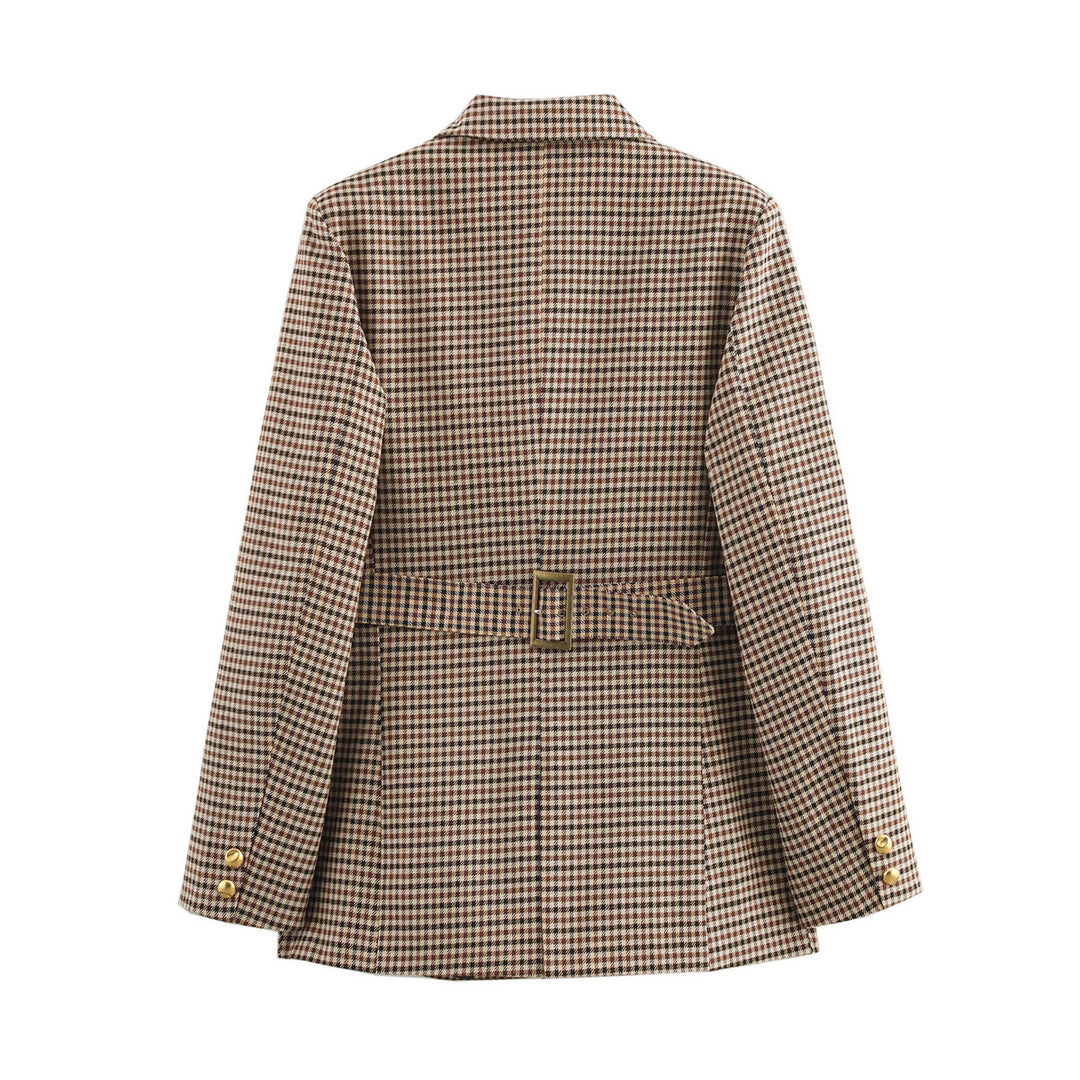 Damen schmal geschnittener Longblazer im Hahnentritt-Muster mit goldenen Zierknöpfen und Leistentaschen – Valéne