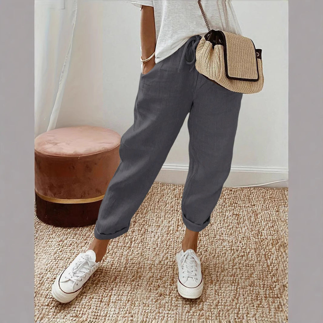 Damen Lässige Leinen-Hose mit elastischem Bund und praktischen Taschen Echoarchiv