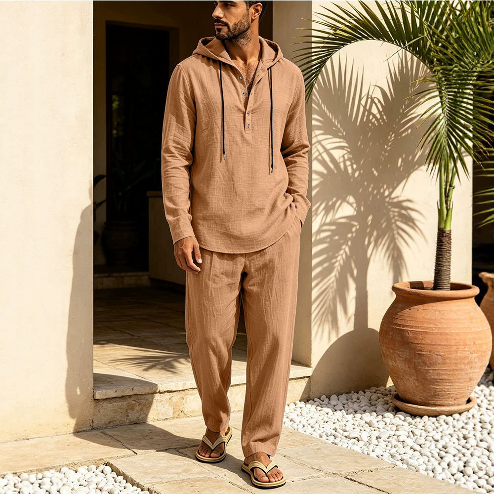 Herren Lässiges Leinen-Look Freizeit-Set mit Kapuzenhemd und weiten Hosen Echoarchiv