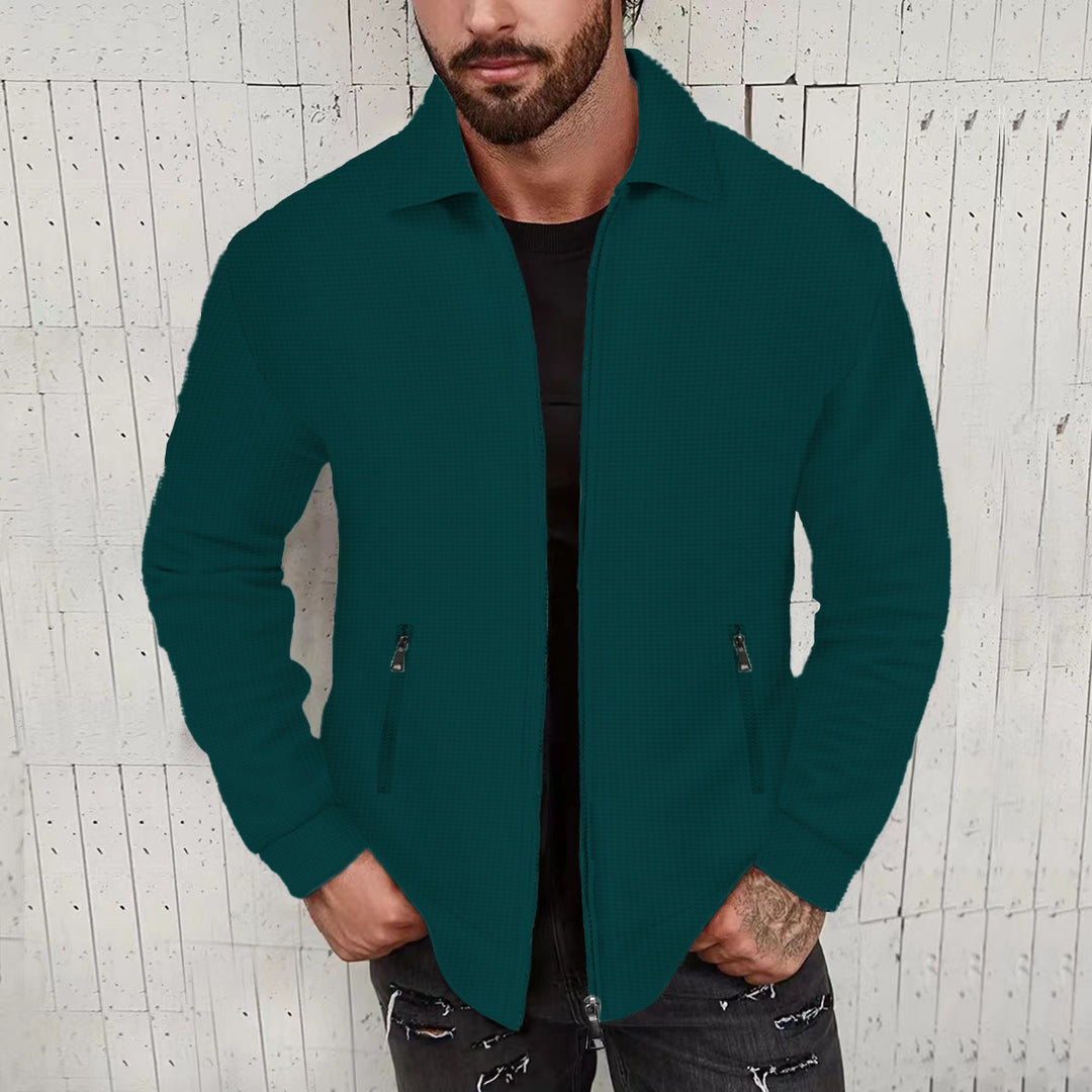 Herren minimalistische Stehkragen-Feinstrick-Übergangsjacke mit Zwei-Wege-Reißverschluss und verdeckten Reißverschlusstaschen – Taviero