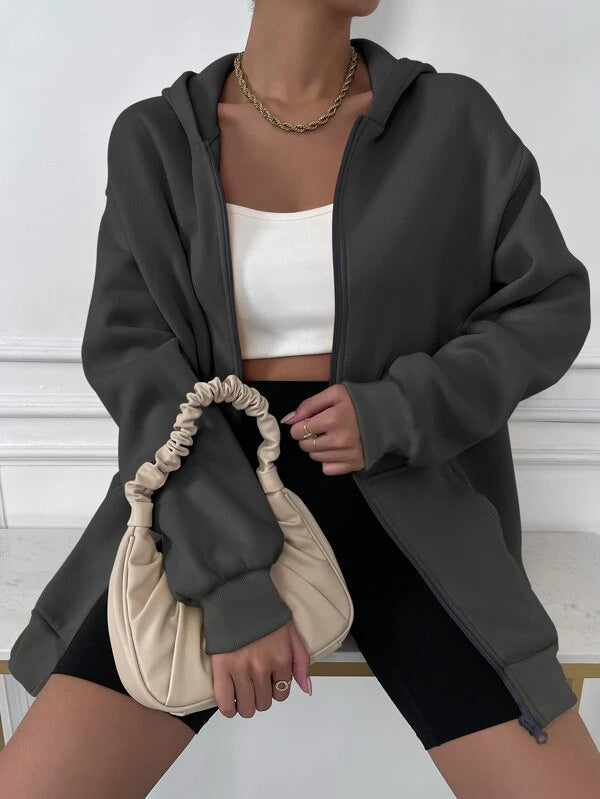 Damen oversized Zip-Hoodie mit verlängertem Rückensaum, verdecktem Reißverschluss und Kängurutaschen – Auréline