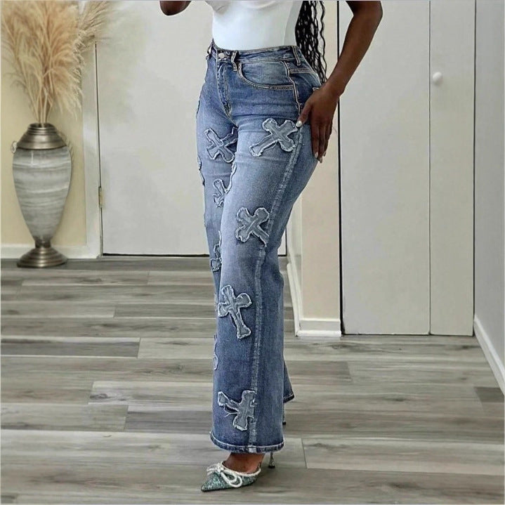 Damen Hochtaillierte Straight‑Leg‑Jeans mit Fransen‑Kreuz‑Applikationen Echo Archiv
