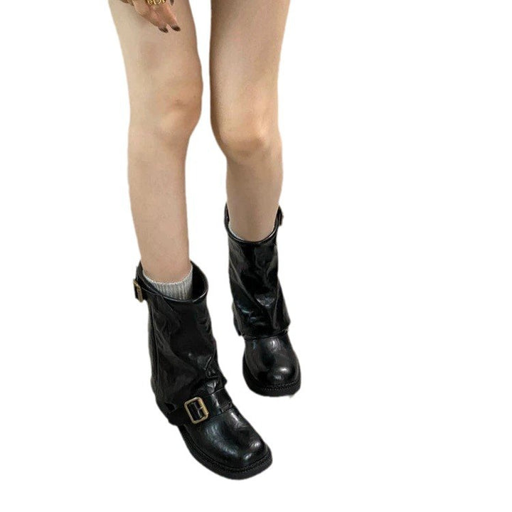 Damen Glänzende Mid‑Calf Bikerboots mit Zierriemen und Schnallen Echo Archiv
