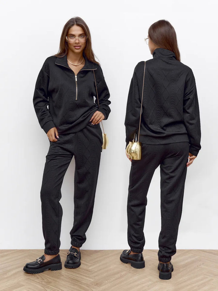 Damen Zopfstrick-Lounge-Set mit halbem Reißverschluss und hochtaillierter Jogginghose – Élanora
