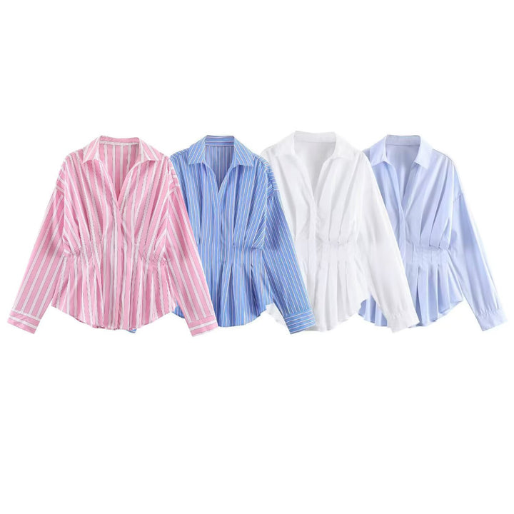 Damen Gestreifte Oversize-Bluse mit taillierenden Raffungen und Hemdkragen Echoarchiv