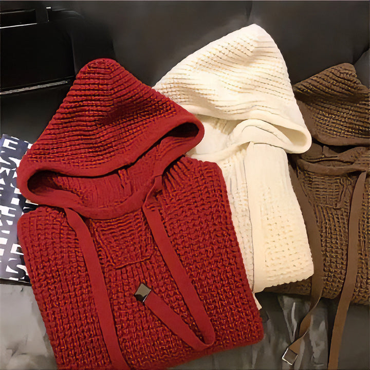 Damen Grob gestrickter Kapuzenpullover mit Waffelstruktur und Kordelzug Echoarchiv