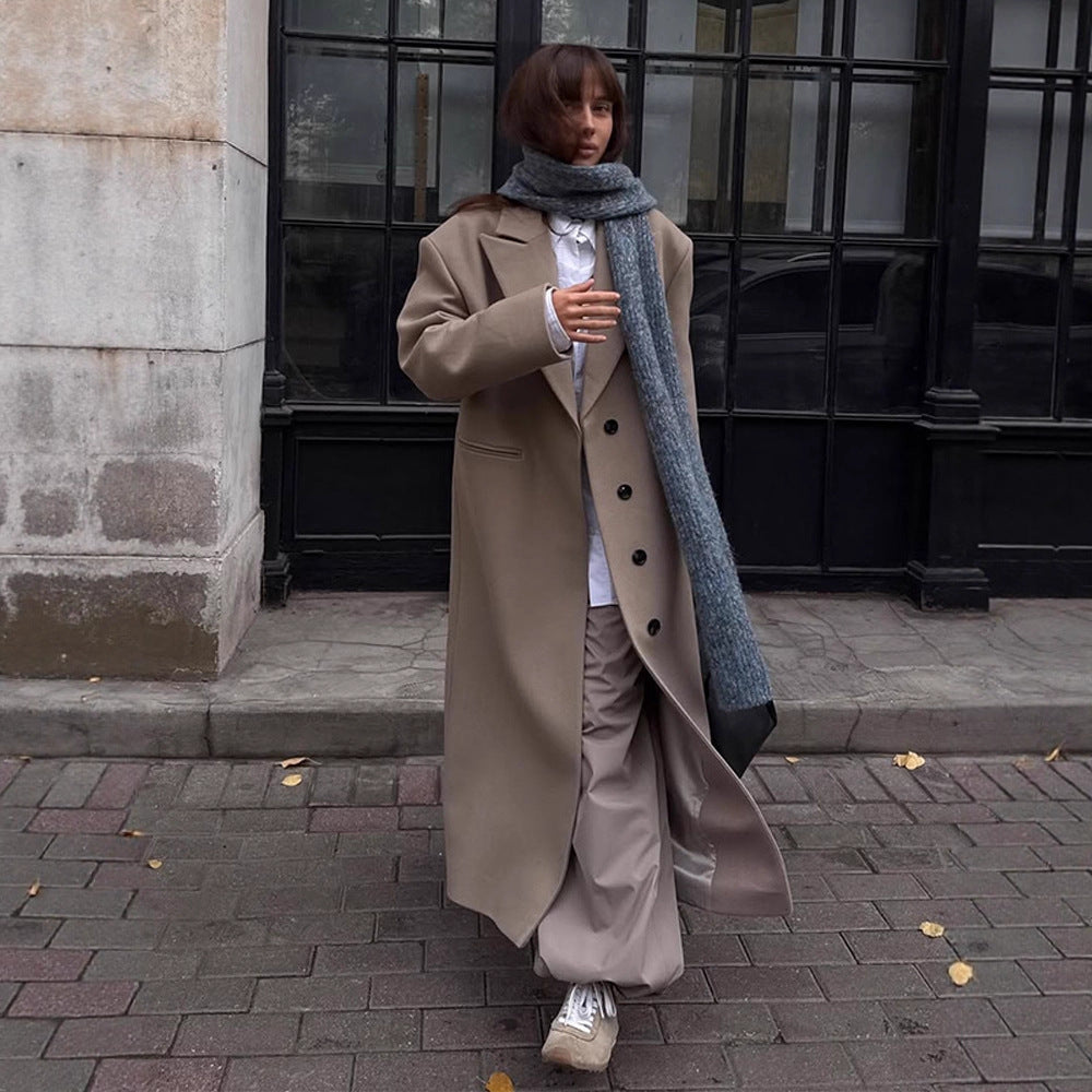 Damen Maxilanger Clean-Cut Wollmixmantel mit übergroßem Revers und gerader Silhouette Echoarchiv