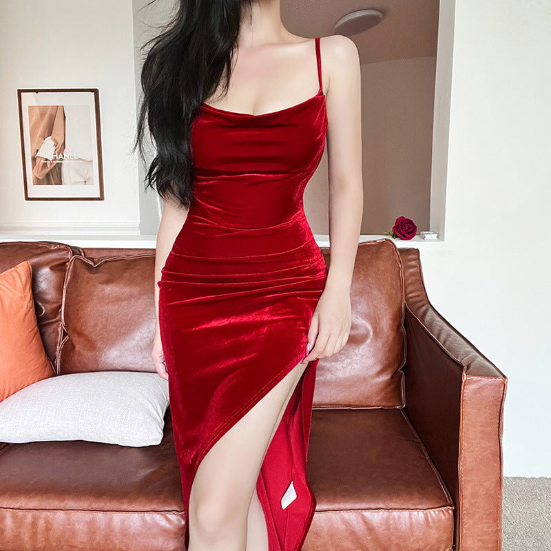 Damen elegantes Wickelkleid mit hohem Schlitz und schmalen Trägern Echo Archiv