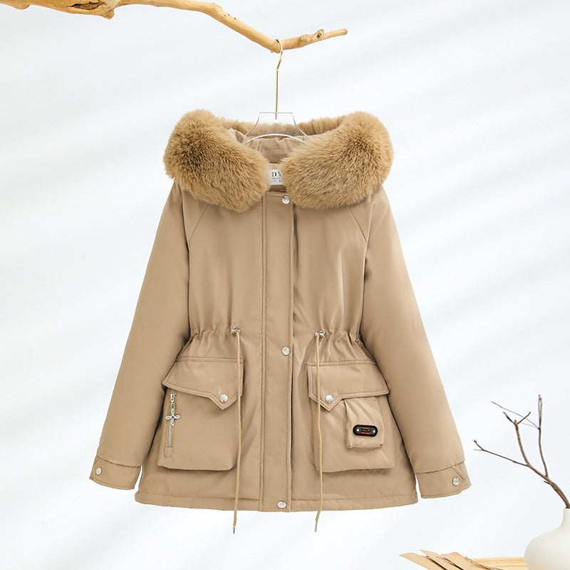 Damen kurzer Thermo-Parka mit voluminösem Schalkragen in Webpelzoptik und taillierendem Tunnelzug – Montévia