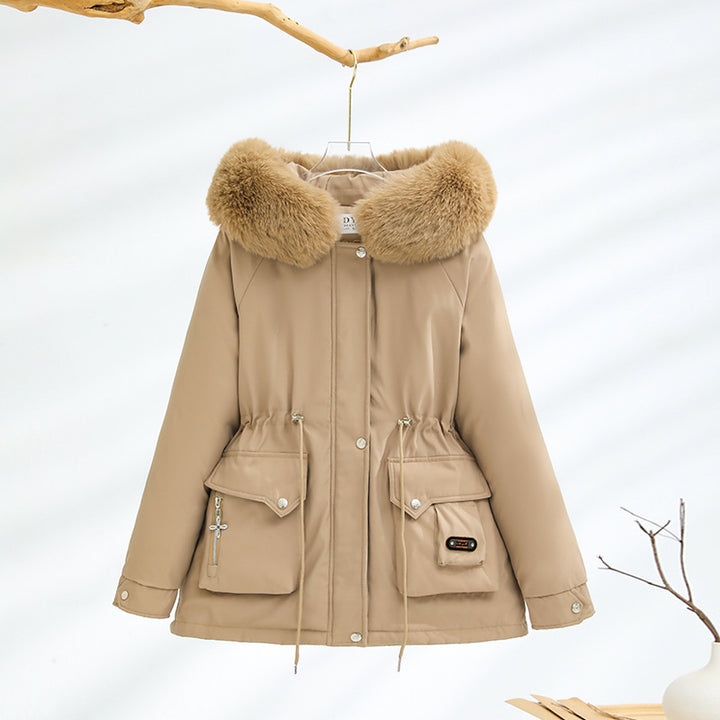 Damen kurzer Thermo-Parka mit voluminösem Schalkragen in Webpelzoptik und taillierendem Tunnelzug – Montévia