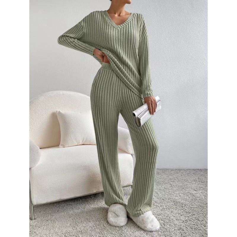 Damen Gemütliches Rippstrick-Loungewear-Set mit V-Ausschnitt und weitem Bein Echo Archiv