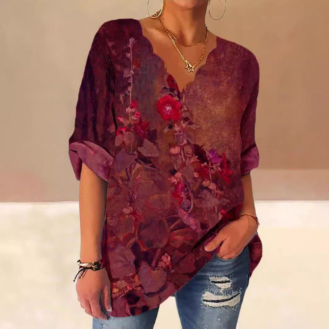 Damen Lockere Bluse mit Welligem V-Ausschnitt und Aquarell Floral Print – Élovi