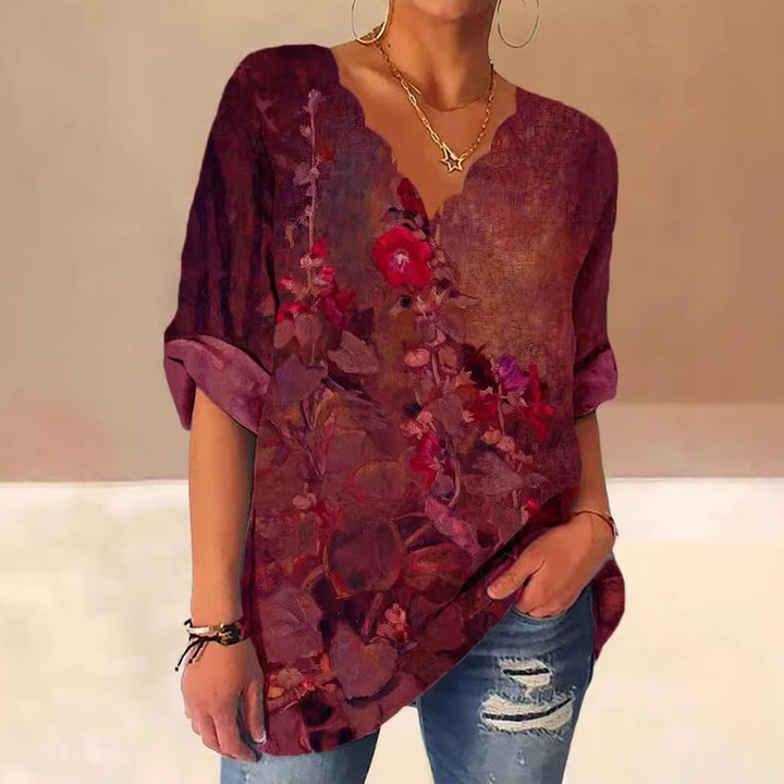 Damen Lockere Bluse mit Welligem V-Ausschnitt und Aquarell Floral Print – Élovi