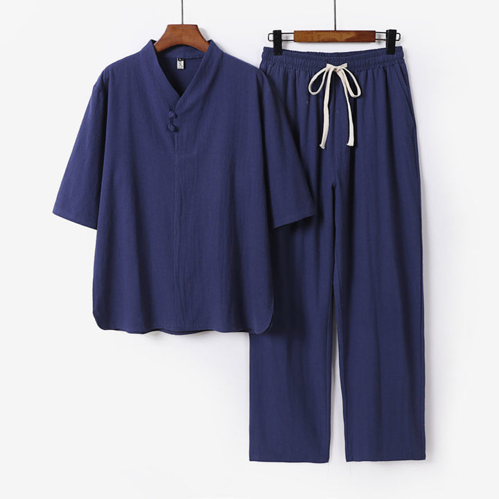 Herren Zweiteiliges Leichtes Loungewear-Set mit Stehkragen-Halbarmshirt und Kordelbund-Hose Echoarchiv