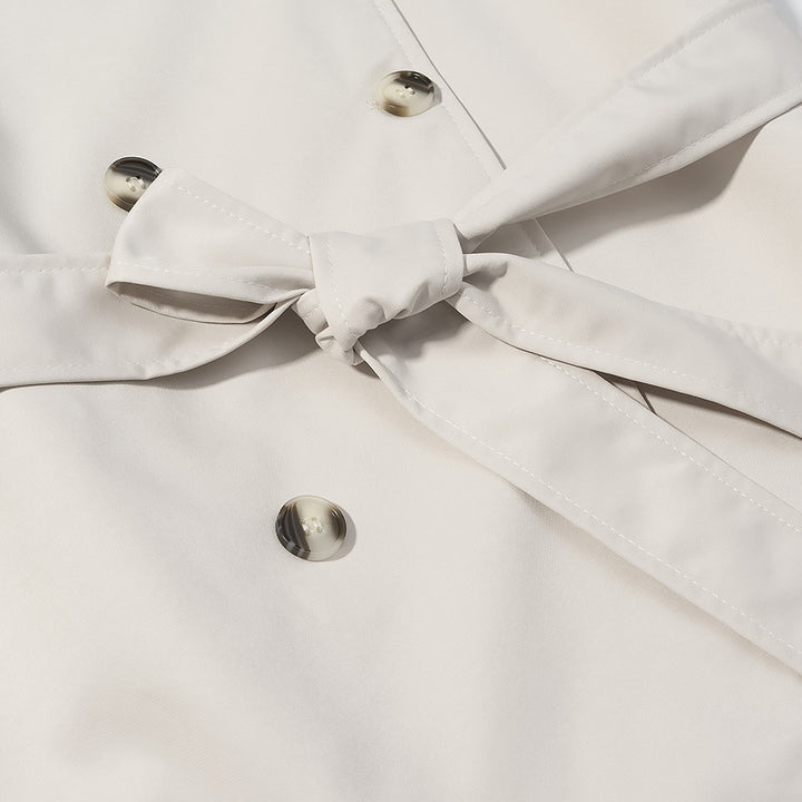 Damen längerer zweireihiger Trenchcoat mit hohem Stehkragen und Bindegürtel – Montévia