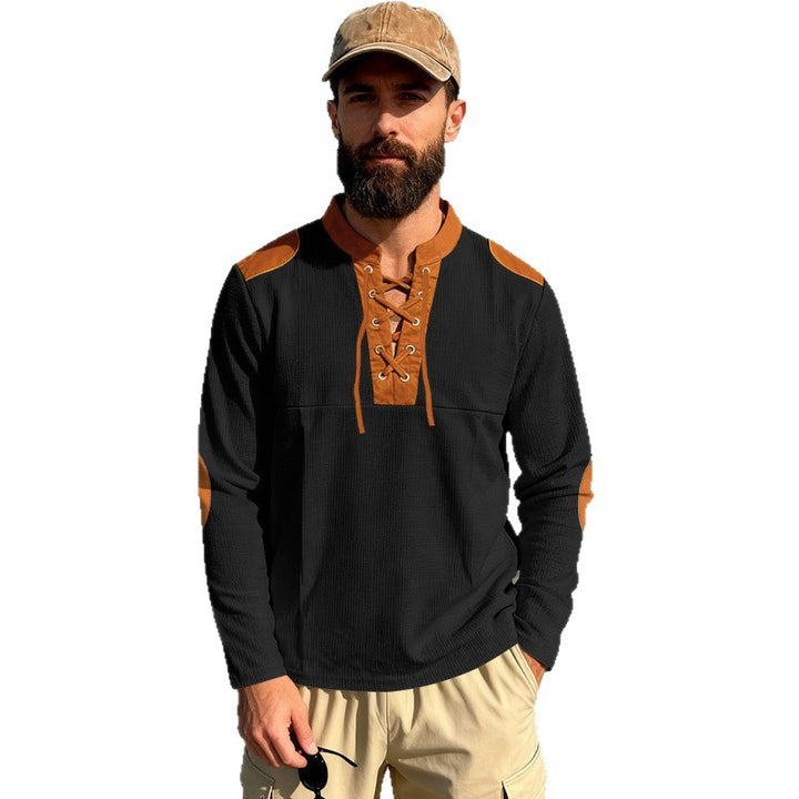 Herren Waffelstrick-Langarmshirt mit Schnürung und Kunstvelours-Ellbogenpatches – Cavarno
