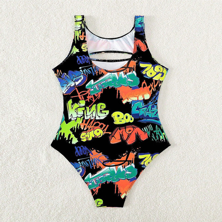 Damen Einteiler Badeanzug mit kreativem Graffiti-Muster und modernem Cut-Out Echo Archiv