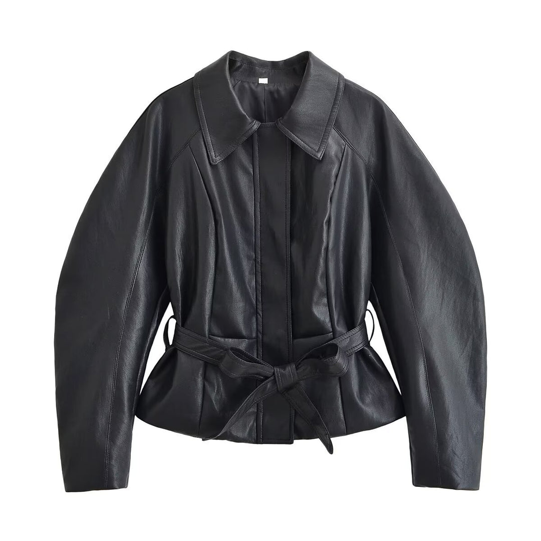 Damen Taillierte Lederoptik‑Jacke mit Bindegürtel und überschnittenen Ärmeln Echo Archiv