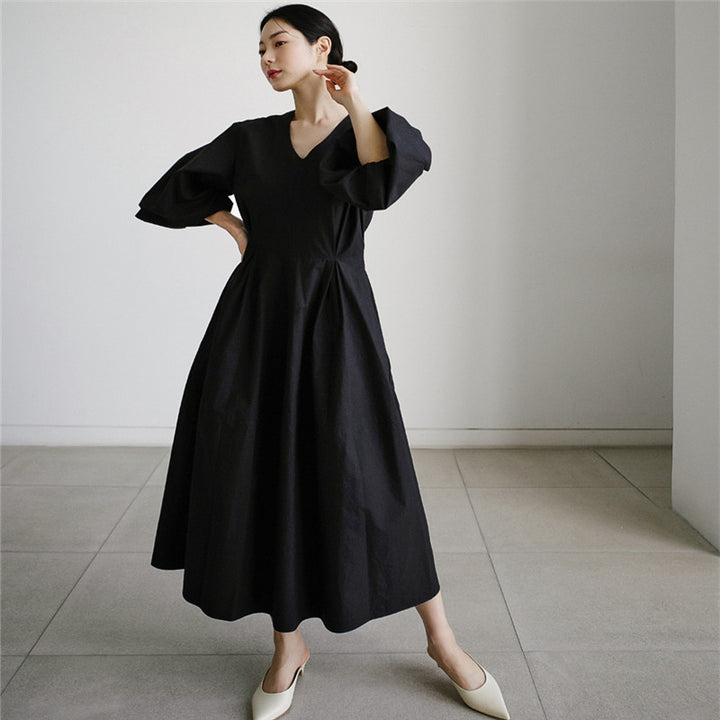 Damen Voluminöses Baumwollmix‑Maxikleid mit Ballonärmeln und gerafften Manschetten – Valéora