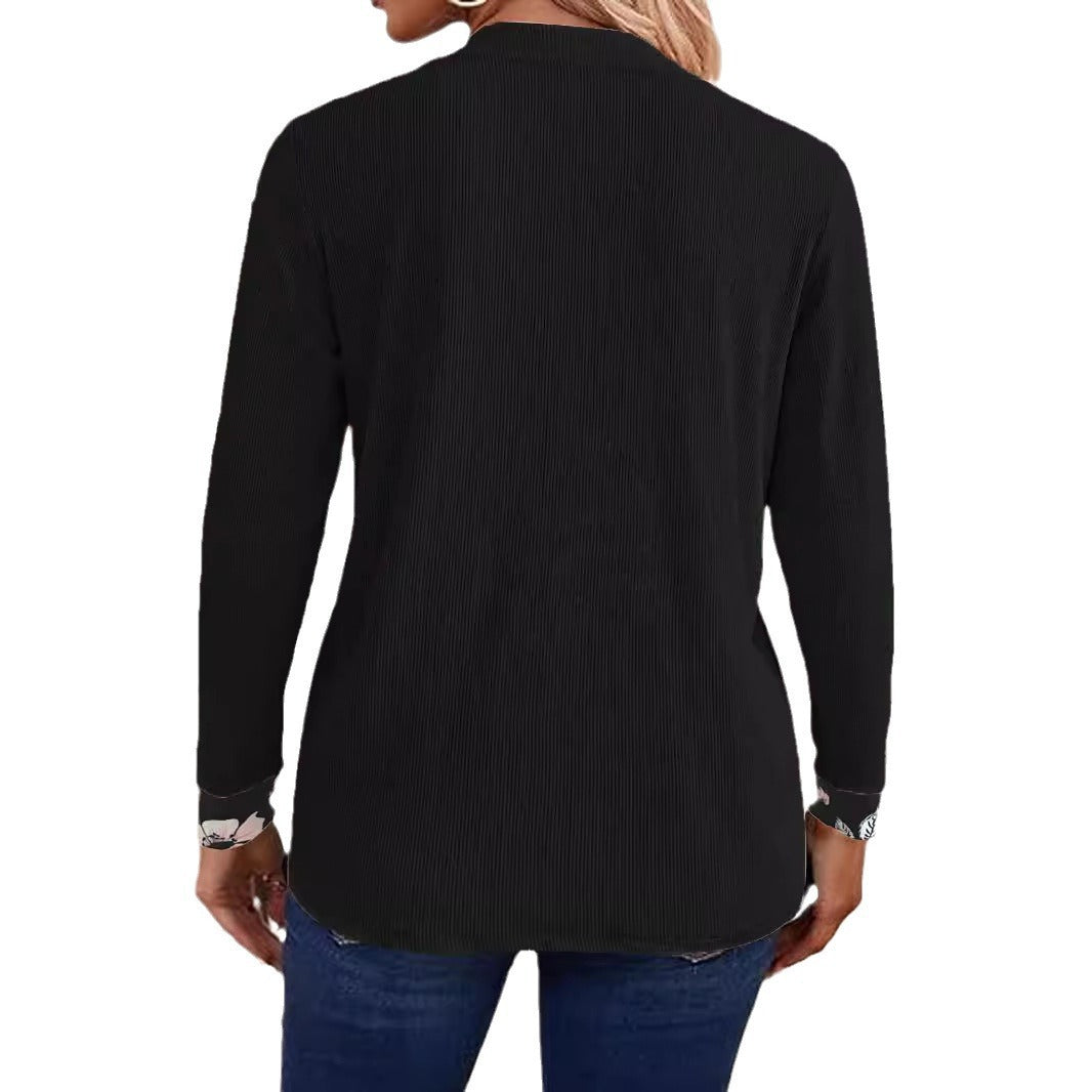 Damen Offener Longcardigan mit strukturierter Crinkle‑Optik und floralem Einsatztop – Veloura