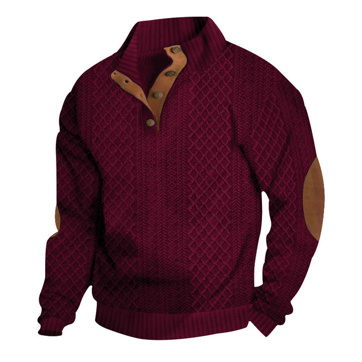 Herren nan grober Strickpullover mit Stehkragen Lederbesatz und Ellenbogenaufnähern Echo Archiv