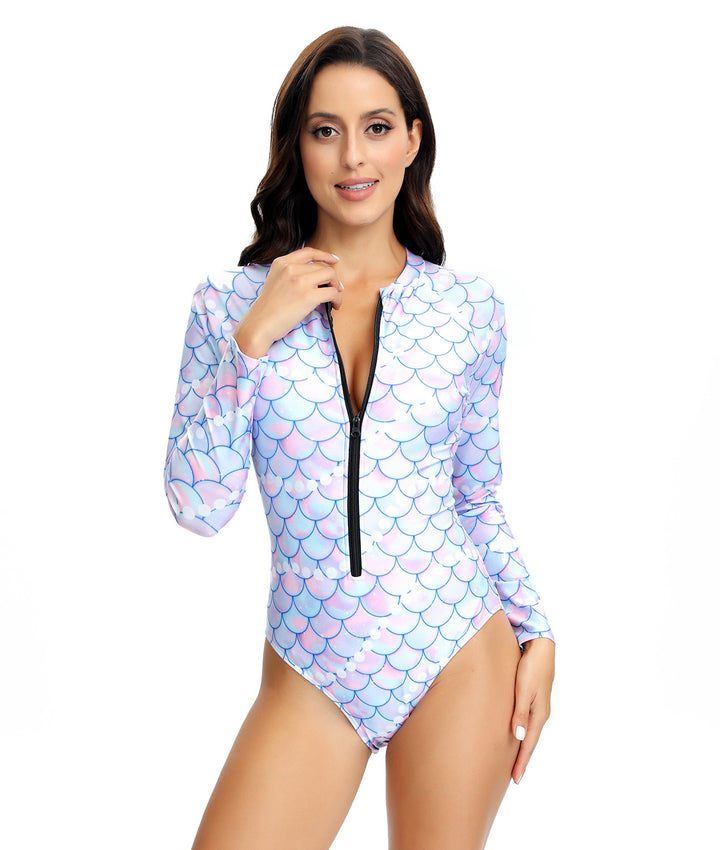Damen Sportlicher Langarm-Badeanzug mit Reißverschluss und eleganten Mustern Echo Archiv