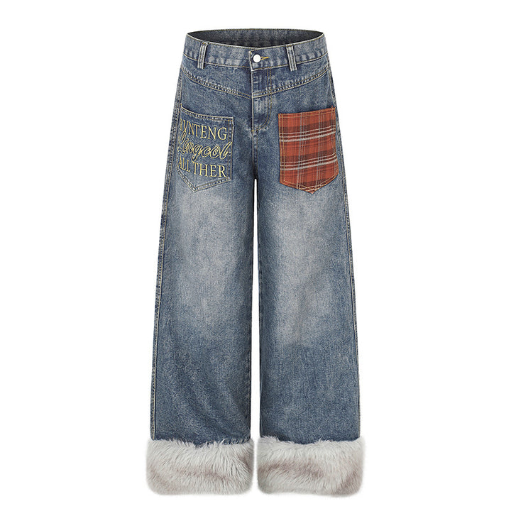 Damen weite hochgeschnittene Denim-Palazzohose mit Karopatchtasche und Kunstfellbesatz am Saum Echoarchiv