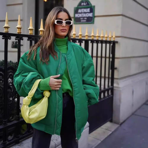 Damen oversized Bomberjacke mit Stehkragen, Reißverschluss und Druckknopf-Taschen – Avenza