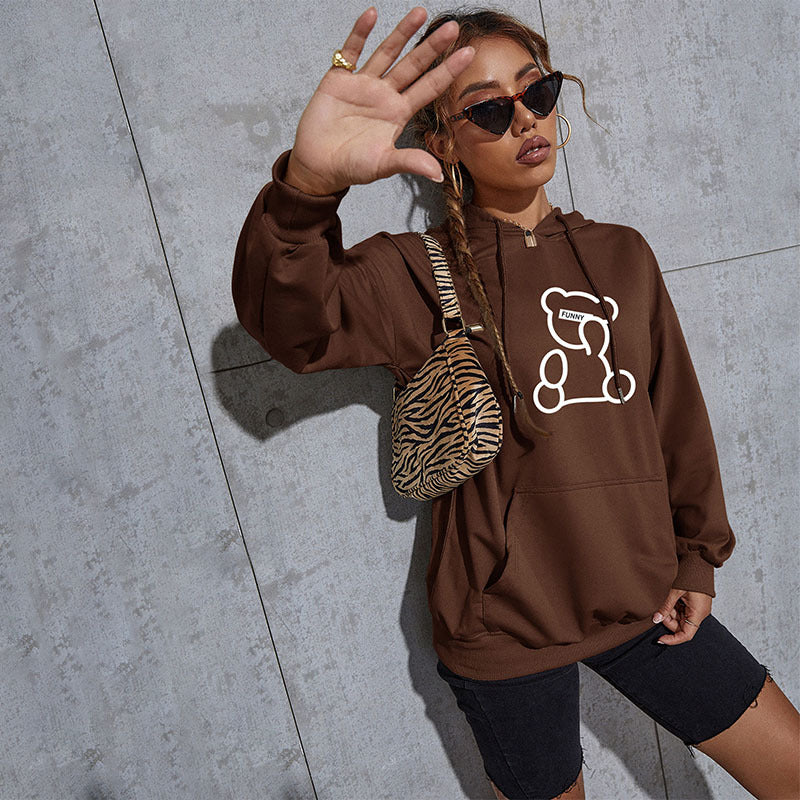 Damen Oversize-Kapuzenpullover mit Teddy-Grafik, Kängurutasche und Tunnelzug Echoarchiv