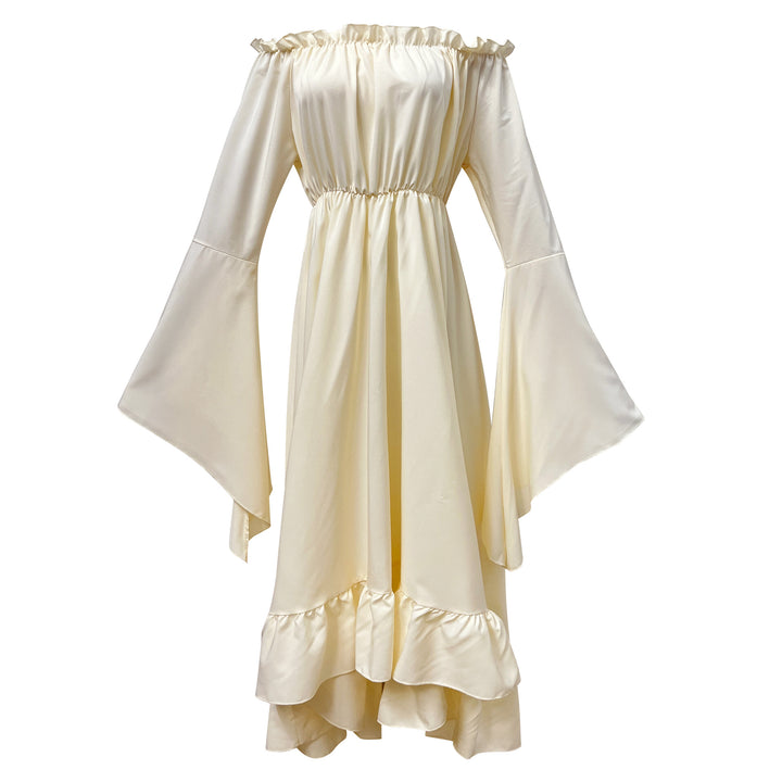 Damen nan schulterfreies Maxikleid mit Volantstufen und weiten Trompetenärmeln Echo Archiv